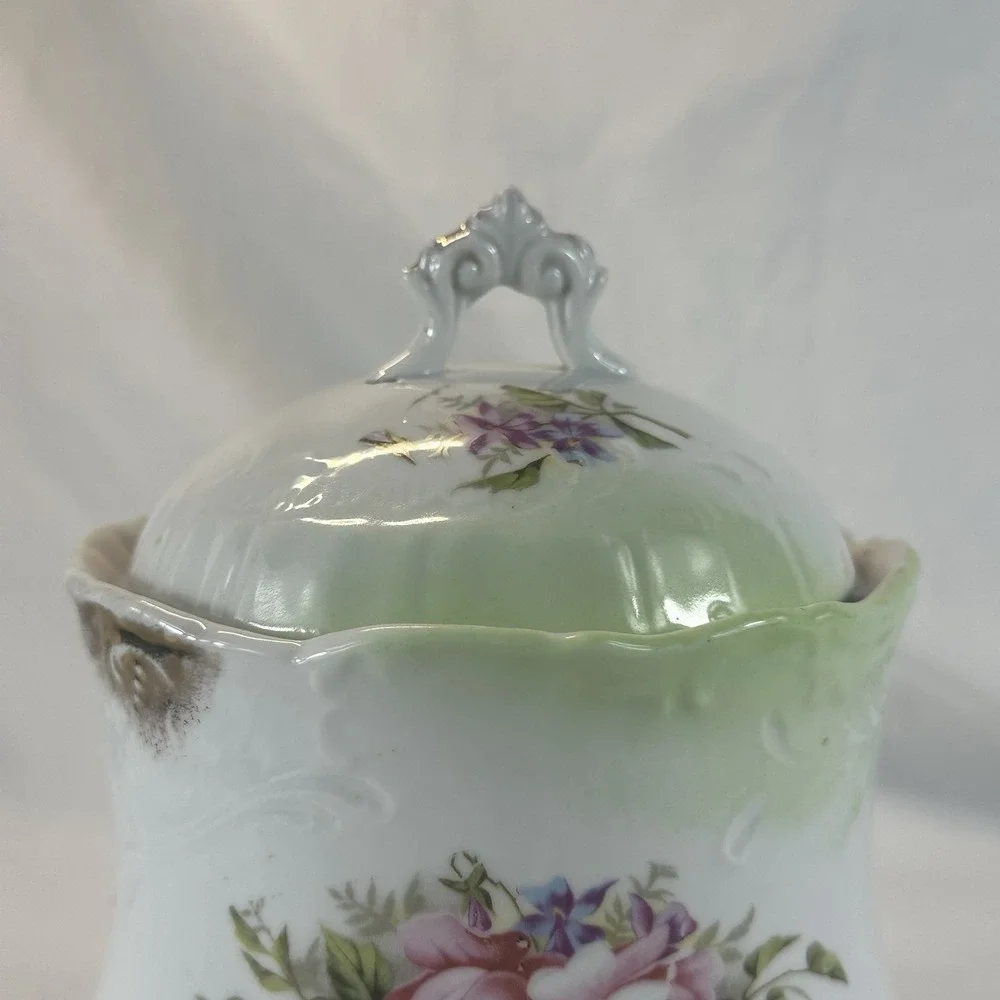 Antique Victorian Porcelain Biscuit Jar - Pink Roses & Violets - Green Ombre